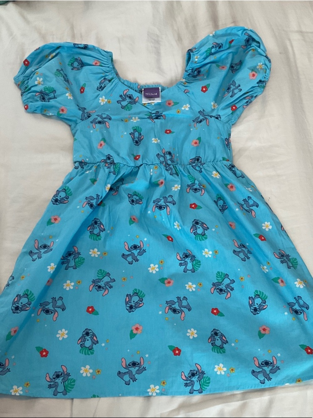 Girls Disney Blue Stitch Print Puff Sleeve Poplin Casual Dress- Size Medium